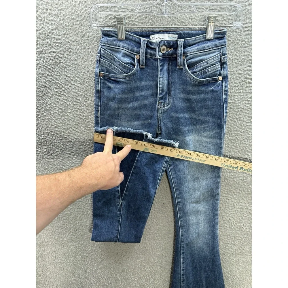 Kancan Jeans Girls 23 Blue‎ Flare High Rise Back Seam Raw Hem Distressed Denim